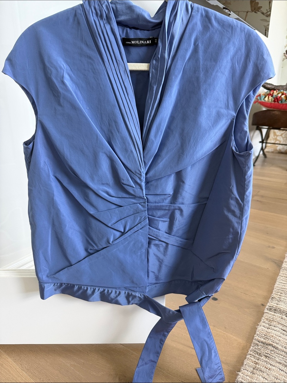 Anna Molinari Periwinkle Draped V-Neck Tie-Back Blouse